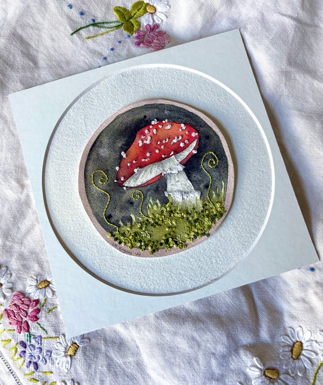Original window mounted fly agaric watercolour, with embroidered embellishment