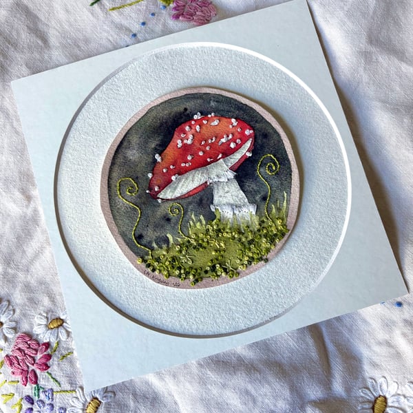 Original window mounted fly agaric watercolour, with embroidered embellishment