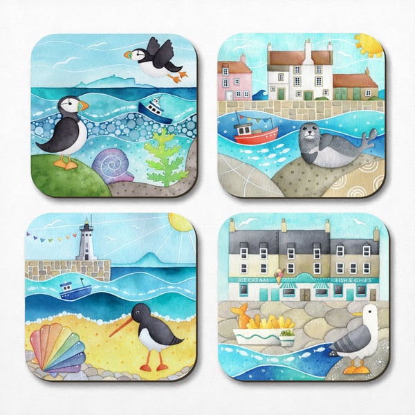 Seaside Coasters (Set of 4) Scottish Watercolour Art. Seagull, Puffin, East Neuk