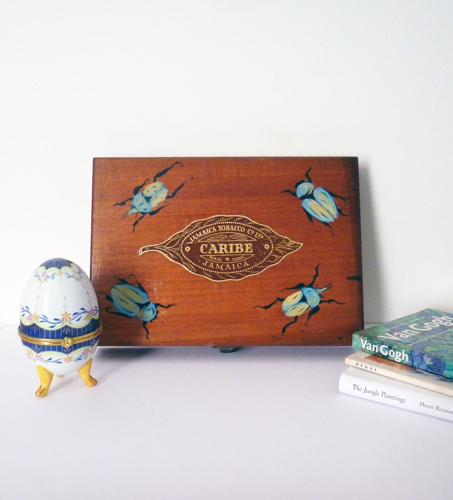 Free Postage - Hand Painted Vintage Cigar Box - Blue Beetles