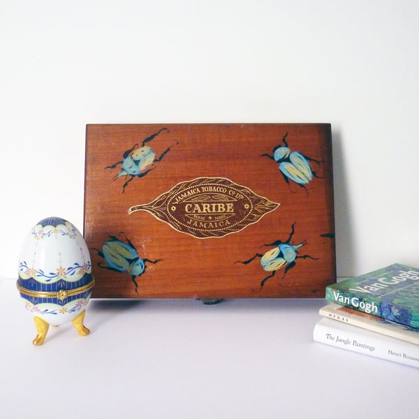 Free Postage - Hand Painted Vintage Cigar Box - Blue Beetles