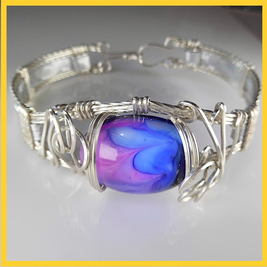 Pink & Blue Cabochon Bracelet, Wire Wrapped Bracelet, unique, hand made