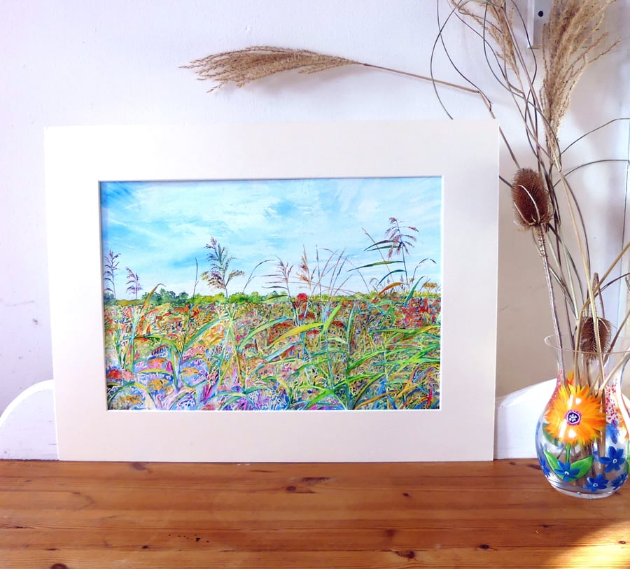 Fen Landscape Watercolour Original Painting of Summer Fields with Wild Flowers 