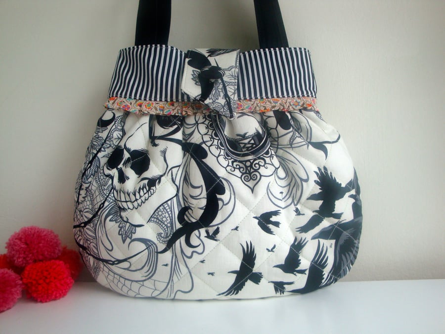 Quilted Cotton Handbag - skulls & crow's - Liberty cotton trim