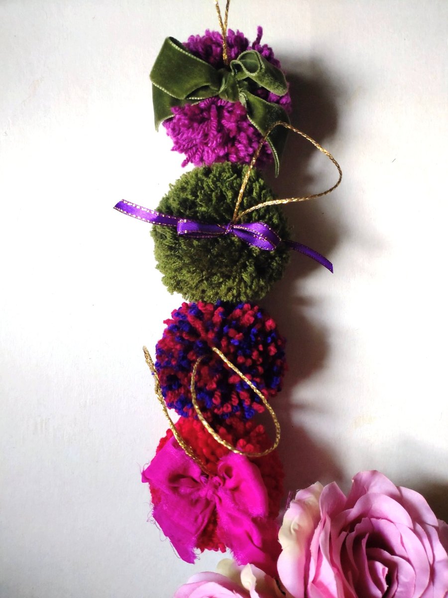 Wool Pompom Baubles, Set of 4, Eclectic Bohemian Christmas Decor