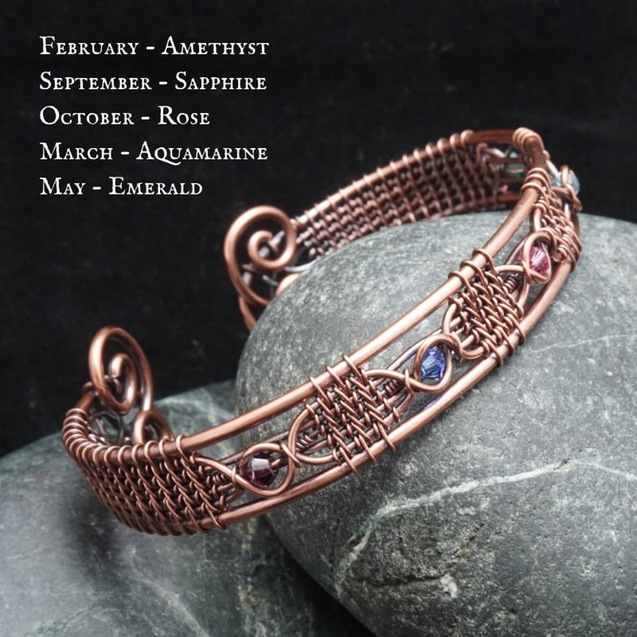 Copper Wire Weave Birthstone Cuff - Customisable with Crystal Beads
