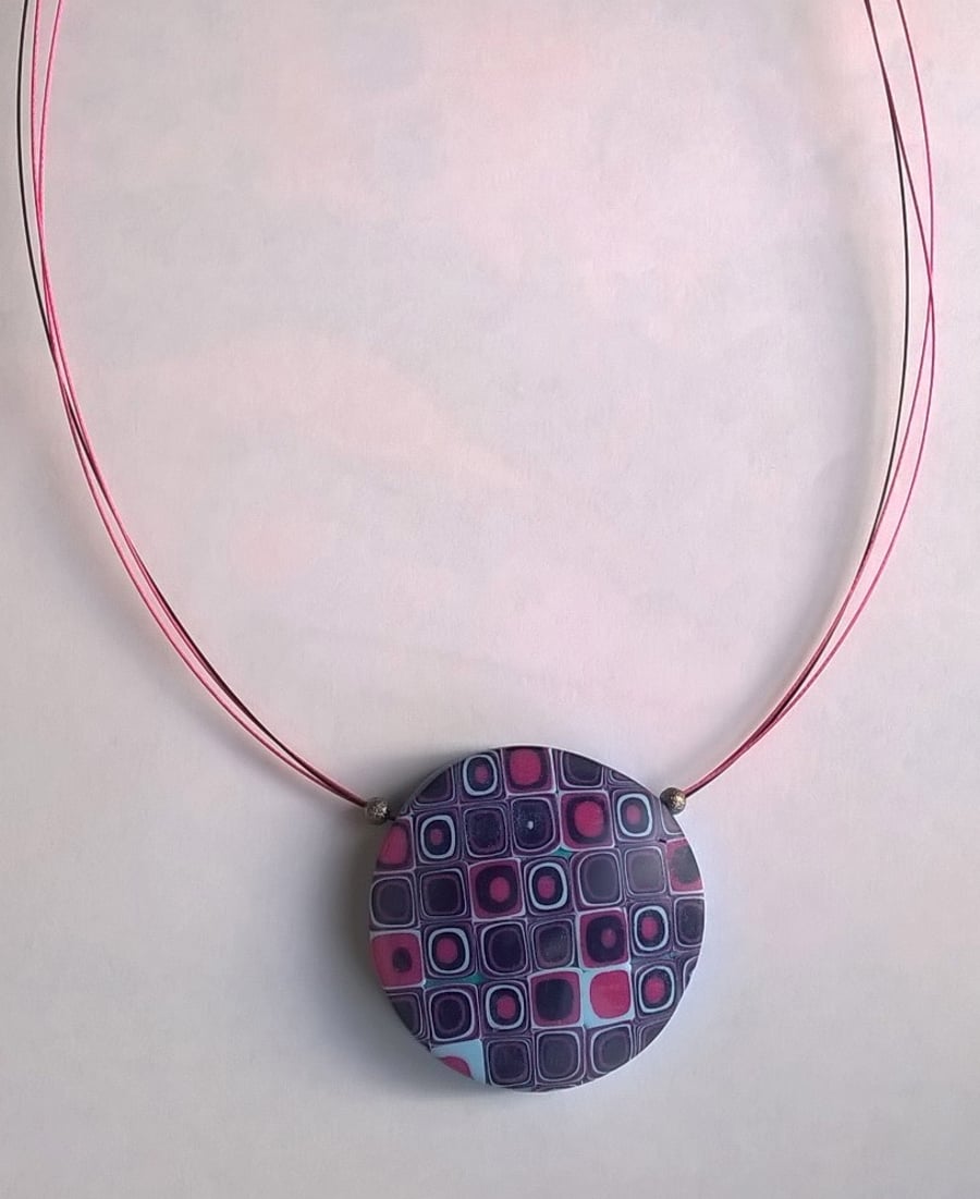 Purple and blue abstract pattern polymer clay necklace