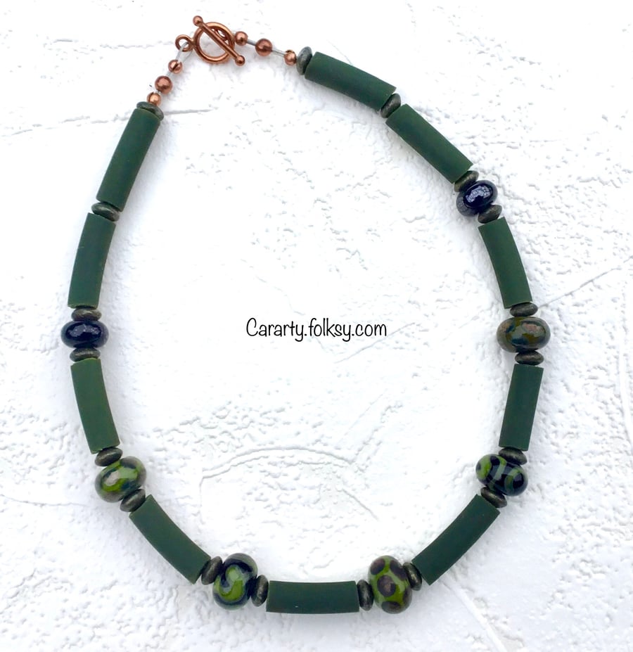 Olive green lampwork necklace