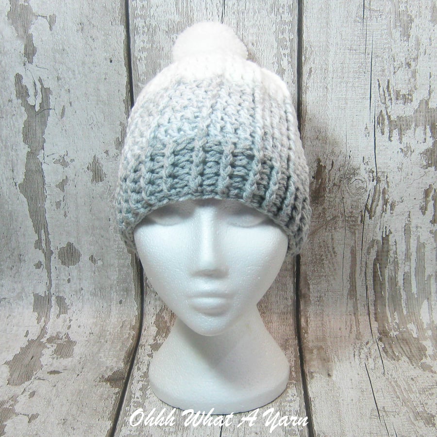 Grey and white crochet ombre chunky ladies hat, chunky hat, ladies pom pom hat