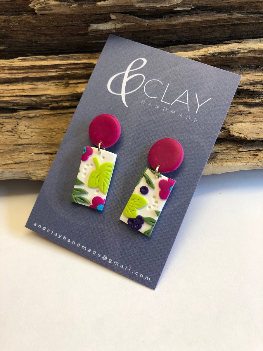 Brightly Coloured Floral Rectangle Polymer Clay Earrings
