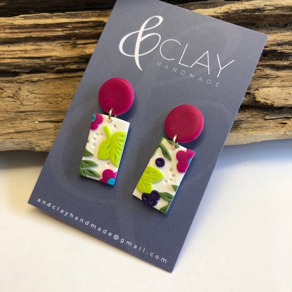 Brightly Coloured Floral Rectangle Polymer Clay Earrings