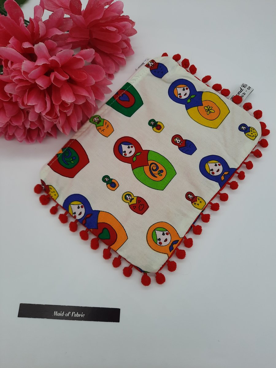 Small makeup bag in dolly fabric with red bobble trim. SALE 