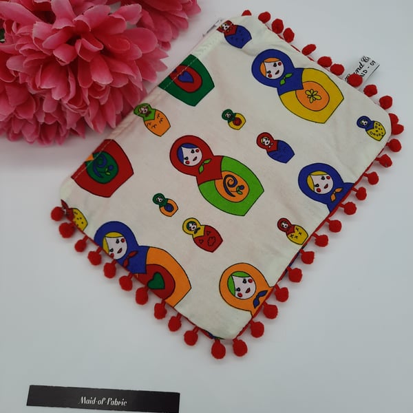 Pencil case in dolly fabric with red bobble trim. SALE 