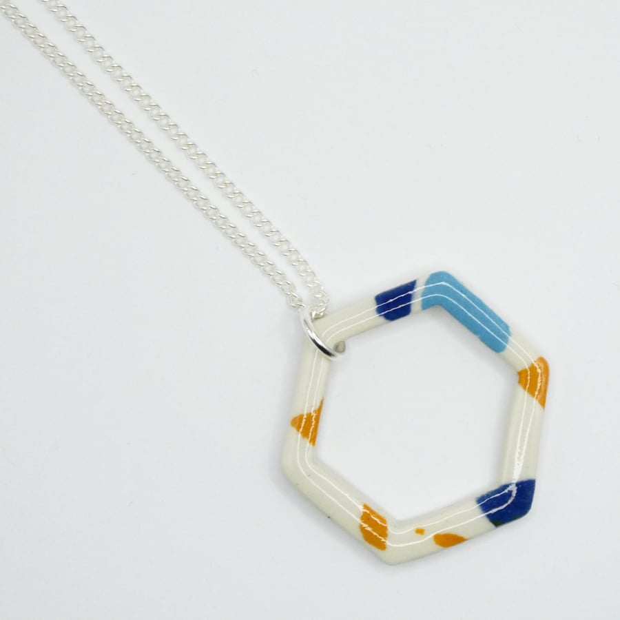 Terrazzo Hexagon Pendent Necklace on Silver Chain . Speckled Pottery Jewellery