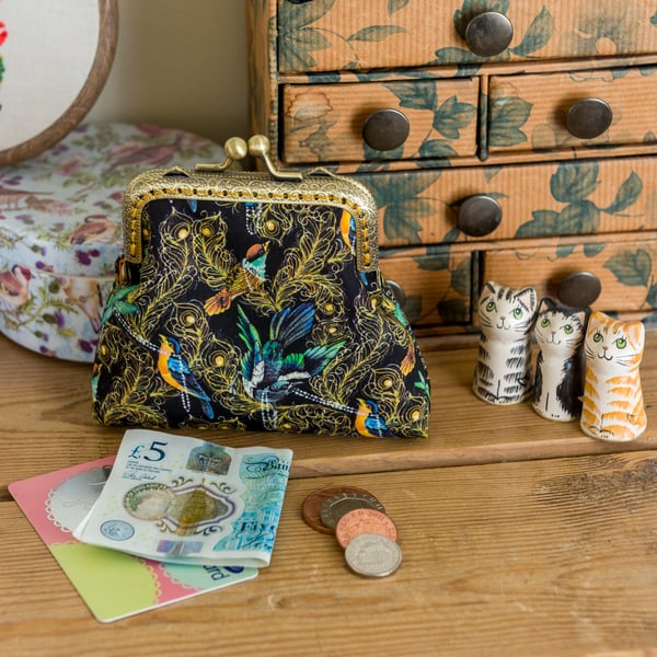 Coin purse made with Joy and Sorrow bird print Liberty Lawn and golden lining