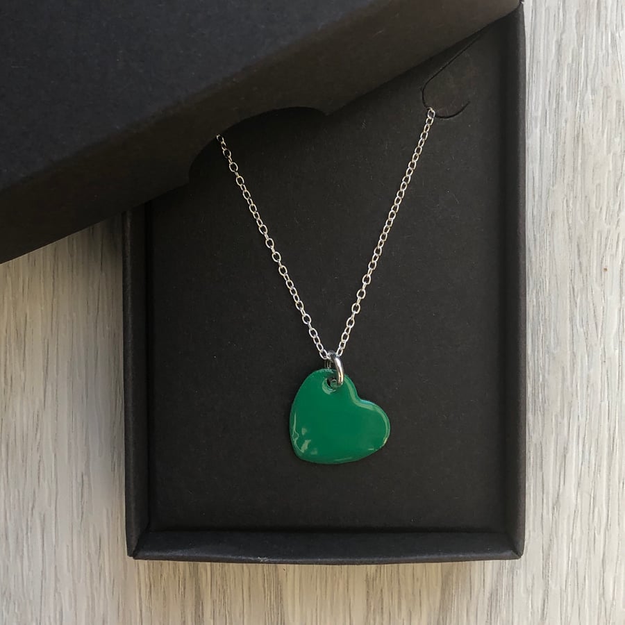 Green enamel heart necklace. Sterling silver necklace 