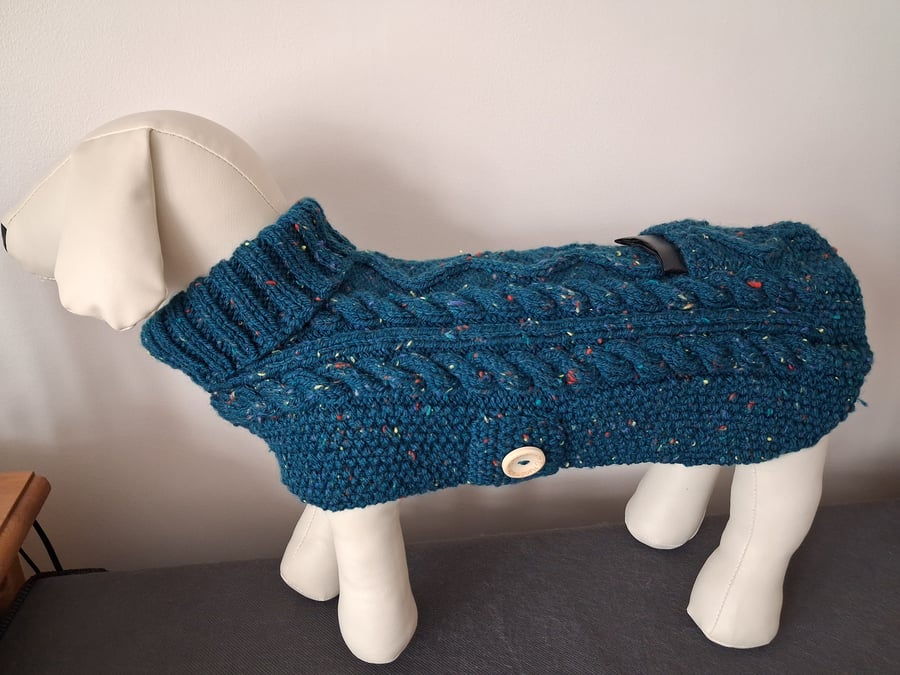Teal Medium Dog Coat With Poo Bag Pocket Hand Knitted (J128)