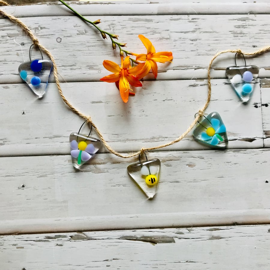 Mini bunting fused glass bees flowers