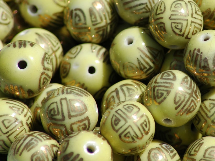 Vintage 90's Chinese Porcelain Beads -  loose x 10 - yellow & gold 14mm 