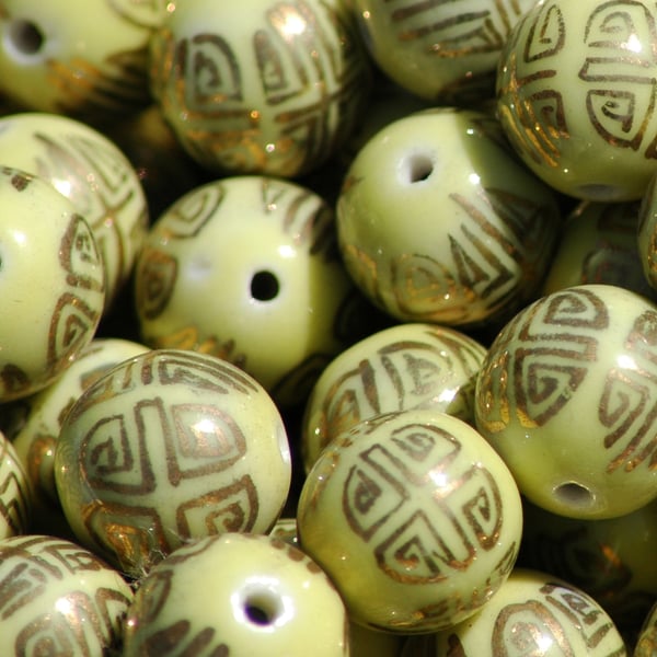 Vintage 90's Chinese Porcelain Beads -  loose x 10 - yellow & gold 14mm 