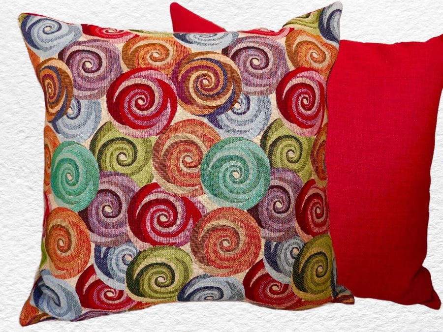 Cushion Cover: Tapestry Swirls design Red reverse 17” (43cm)