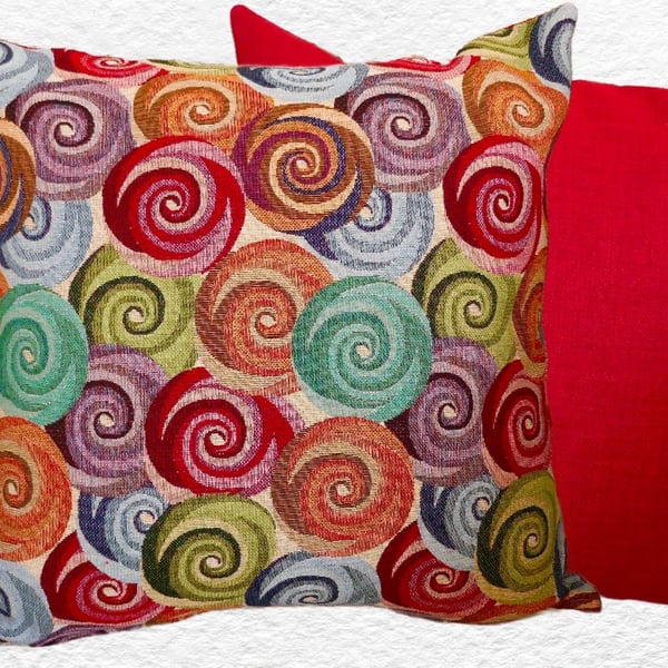 Scatter Cushion: Tapestry Swirls design Red reverse 17” (43cm)