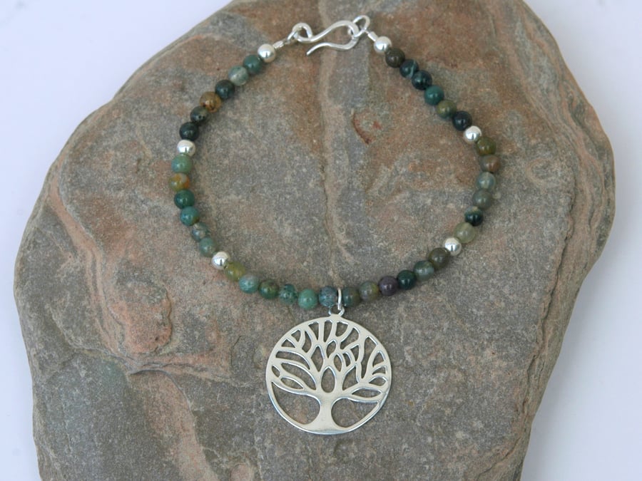 Sterling Silver and Green Moss Agate Bracelet with Tree of Life Charm,  B116