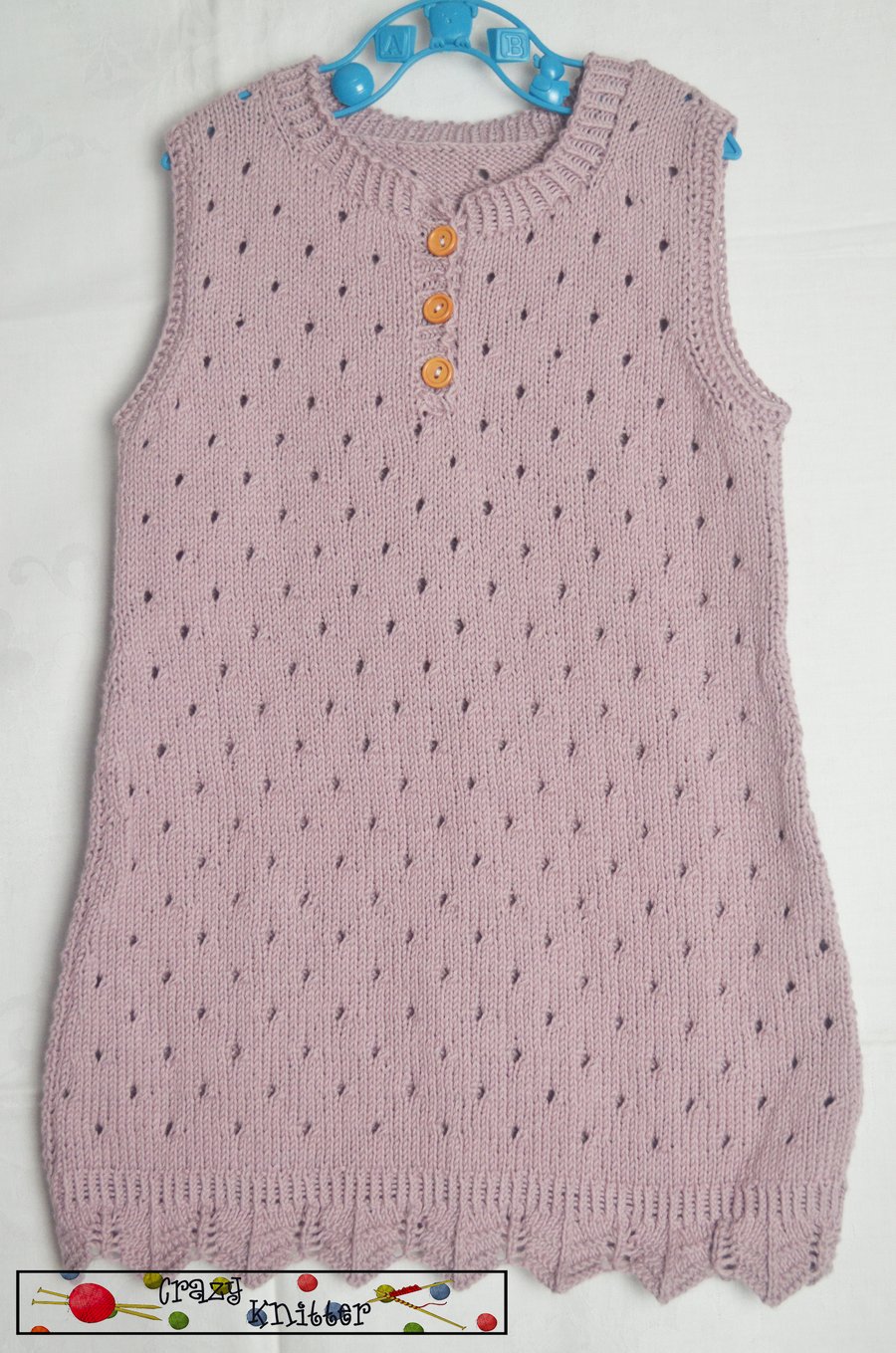 Hand Knitted Baby Sleeveless Summer Dress Rose 100% Organic Cotton 12-18months