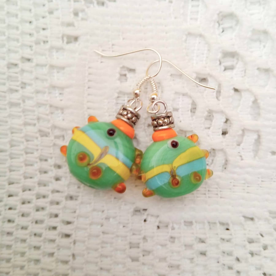 Green Blue and Yellow Lampwork Bead Earrings, Beaded Earrings, Gift for Her