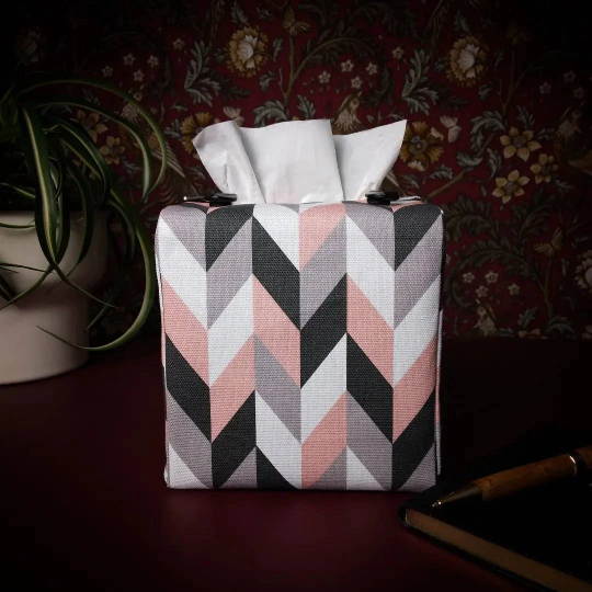 Square Tissue Box Cover - Pink Herringbone