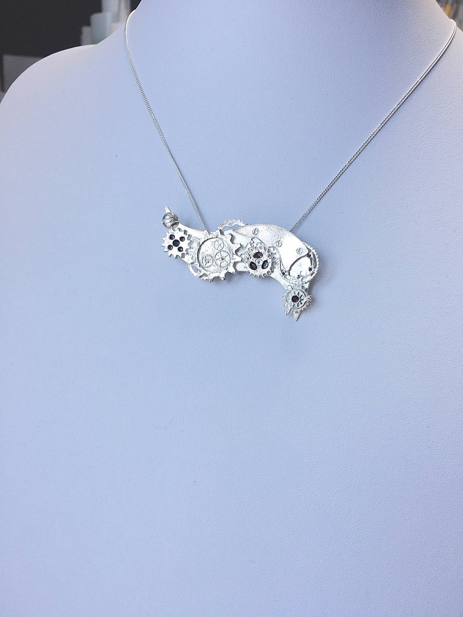 The Silver Clockwork Steampunk Dragon Pendant Necklace