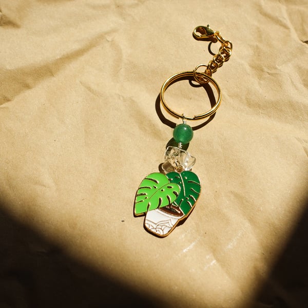 Handmade Real Jade & Quartz Monstera Keyring Charm