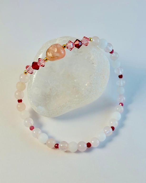 Pink Opal, Rose Quartz & White Jade Bracelet With Faceted Tourmaline & Crystal
