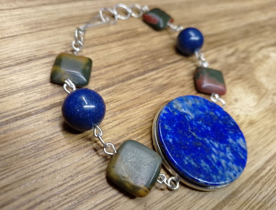 Lapis lazuli and jasper gemstone crystal bracelet 925 silver plated bracelet 