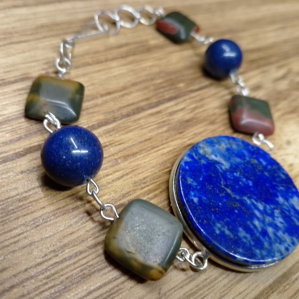 Lapis lazuli and jasper gemstone crystal bracelet 925 silver plated bracelet 