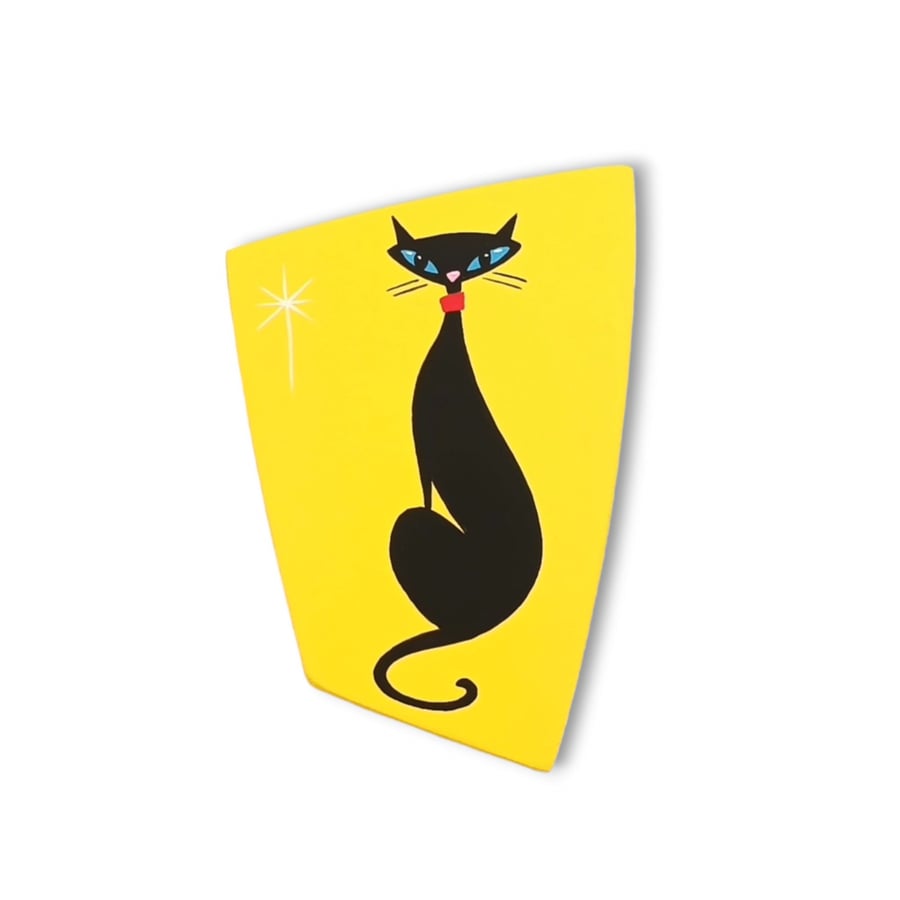 Black Cat Wall Art - Yellow Mid Century Atomic Style Cat Plaque - Cat Lover Gift