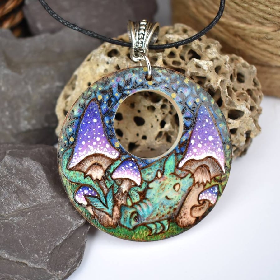 The shroom dragon. Purple toadstool pyrography wooden pendant.