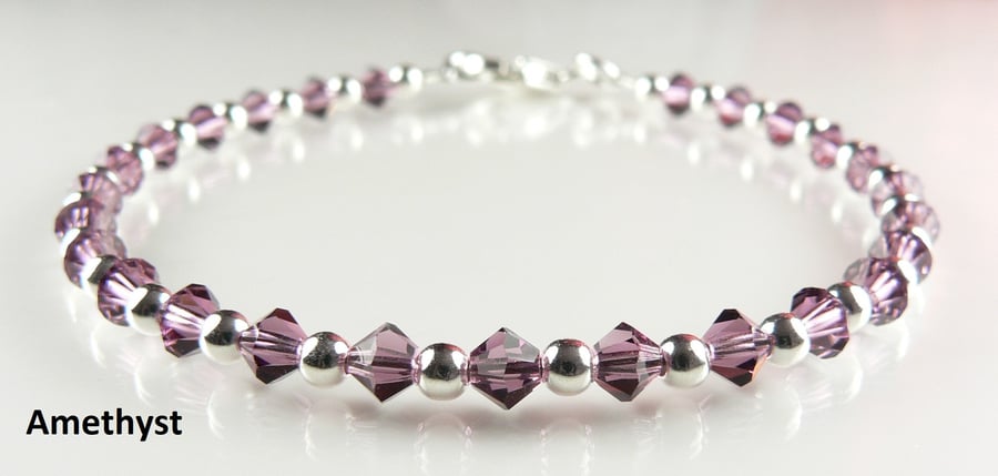 Amethyst Preciosa Czech glass beaded bracelet, lobster clasp, sterling silver