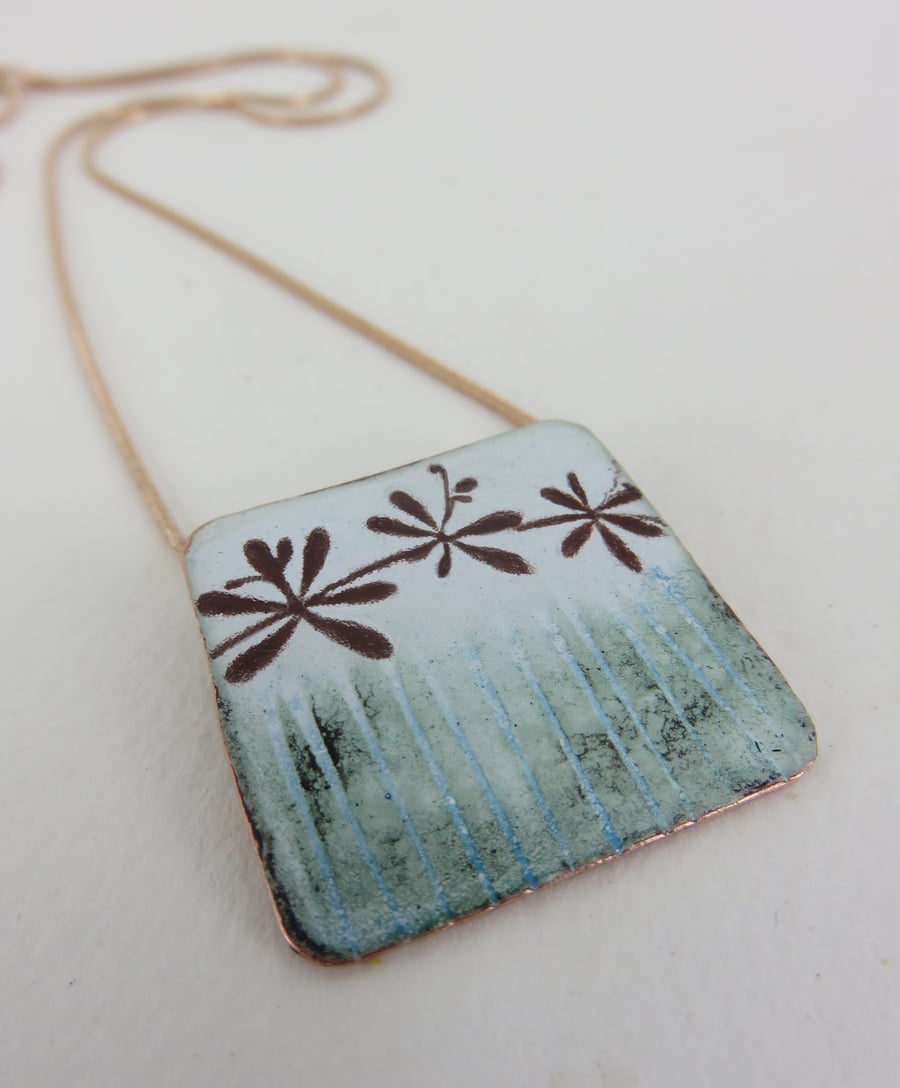 Square Textured Copper Pendant with Enamel and Plant Design