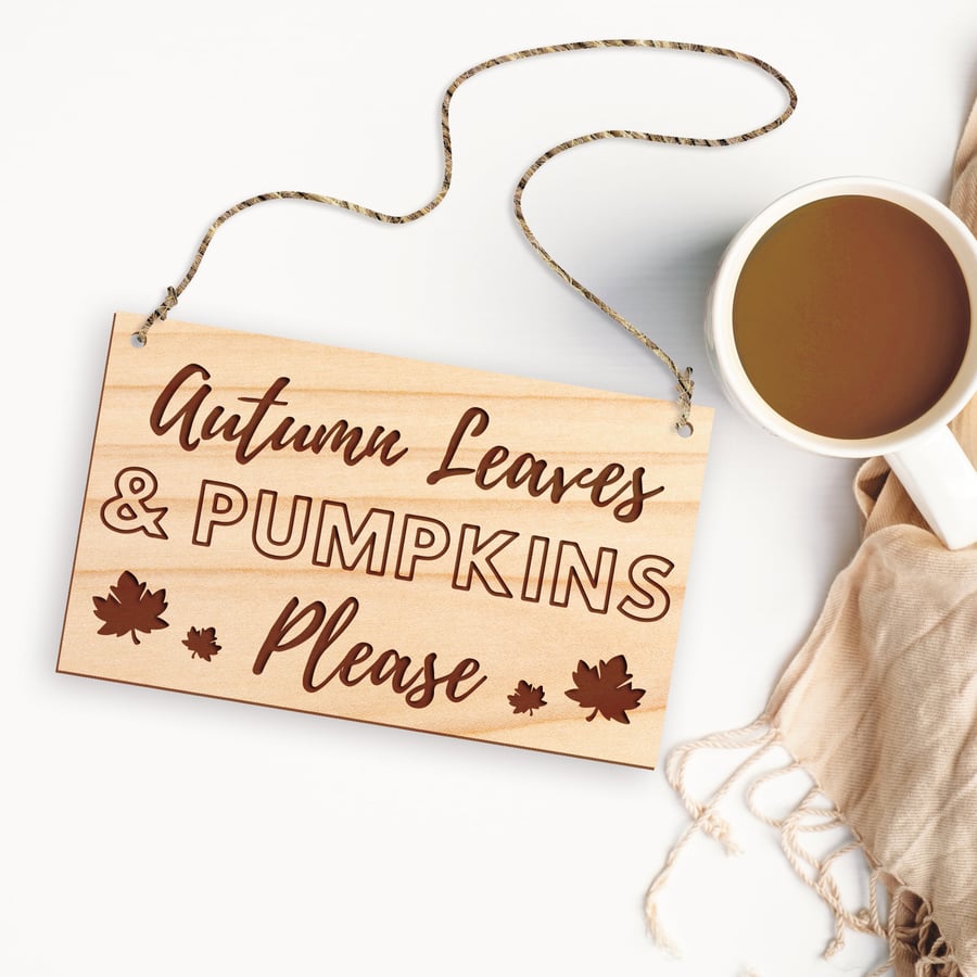 Autumnal Leaves & Pumpkins Please Hanging Sign - Minimal, Modern Halloween Sign 