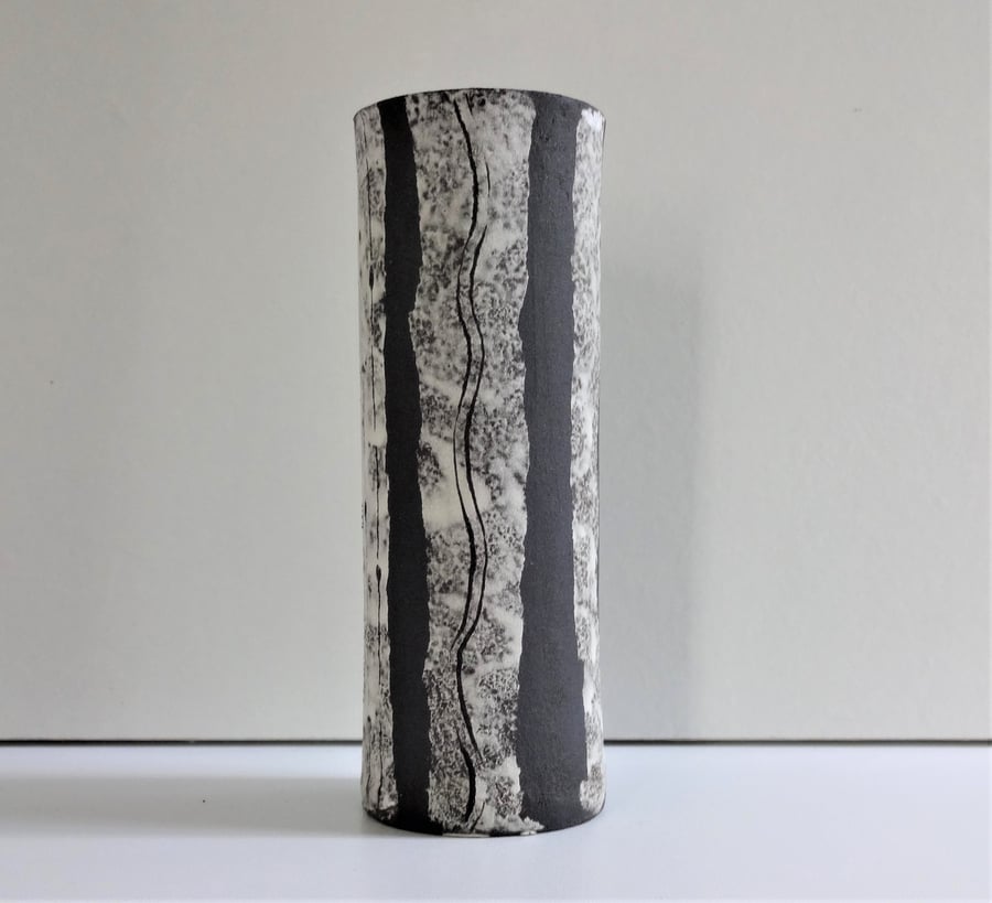 Genevieve.  Matt black and white ceramic vase with abstract decoration