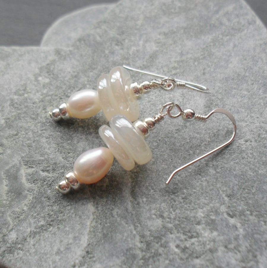  Freshwater Pearl and Chalcedony Semi Precious Gemstone Sterling Silver Earrings