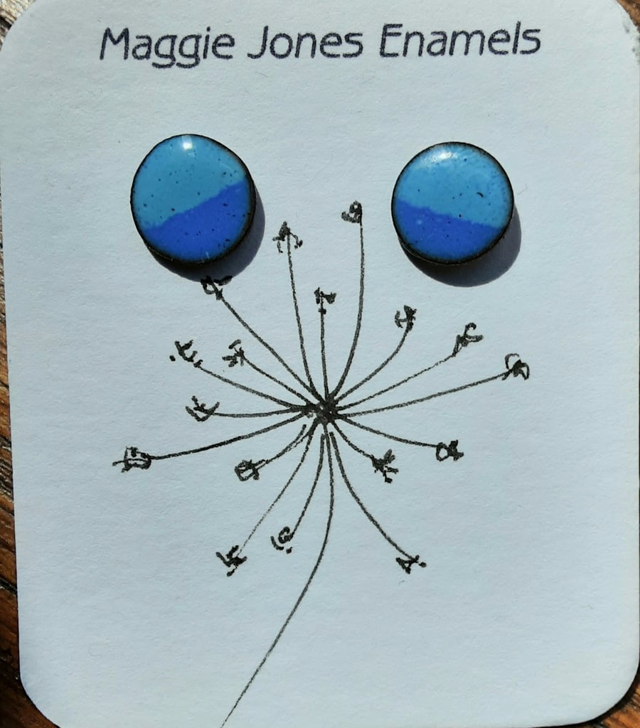 Round stud earrings - 9mm - Enamelled with sterling silver post -TWO BLUES