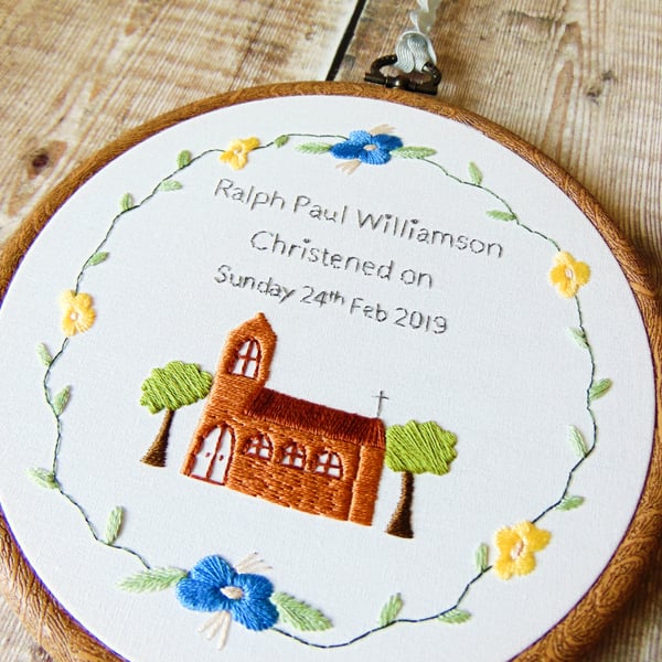 Personalised Christening Gift - Hand Embroidered Hoop, Gift For Godchild 