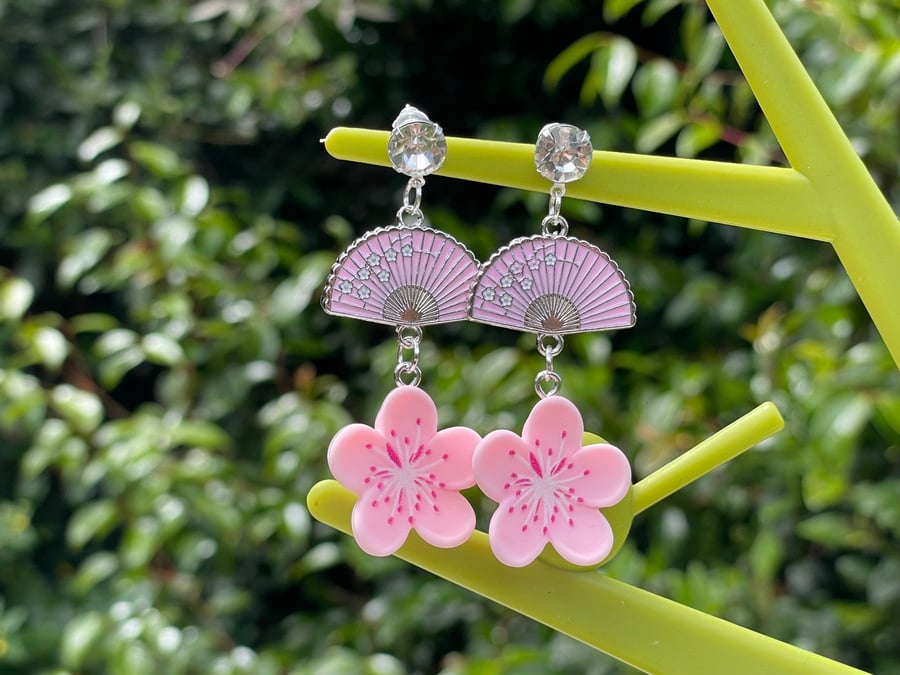Crystal SAKURA blossom fan drop silver plated pink tones resin