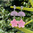 Crystal SAKURA blossom fan drop silver plated pink tones resin