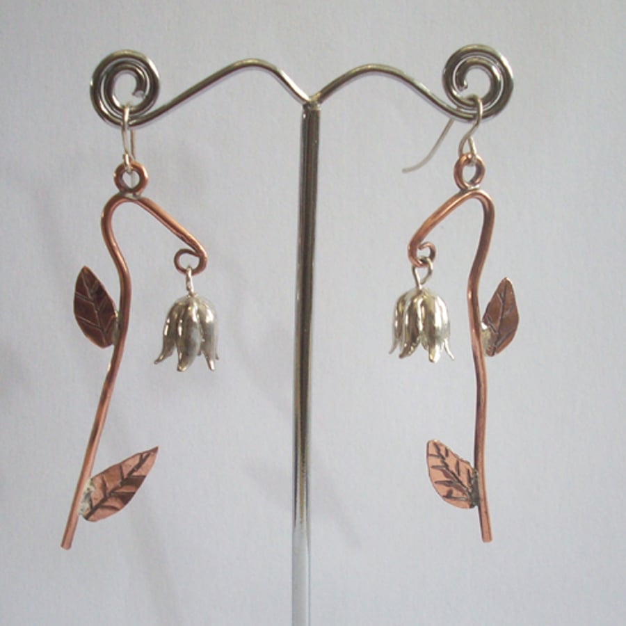 Copper Earrings Silver Coloured Flower Drops