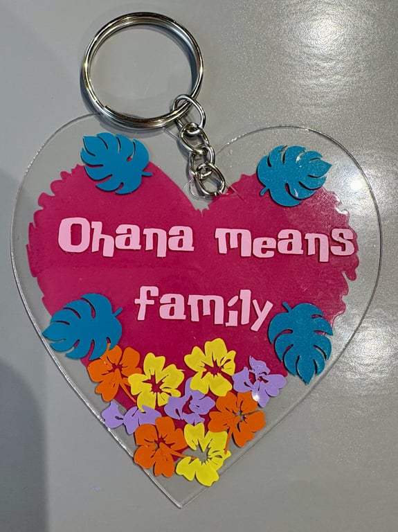 Ohana Means Family Acrylic Heart Keyring – Tropical Handmade Keychain