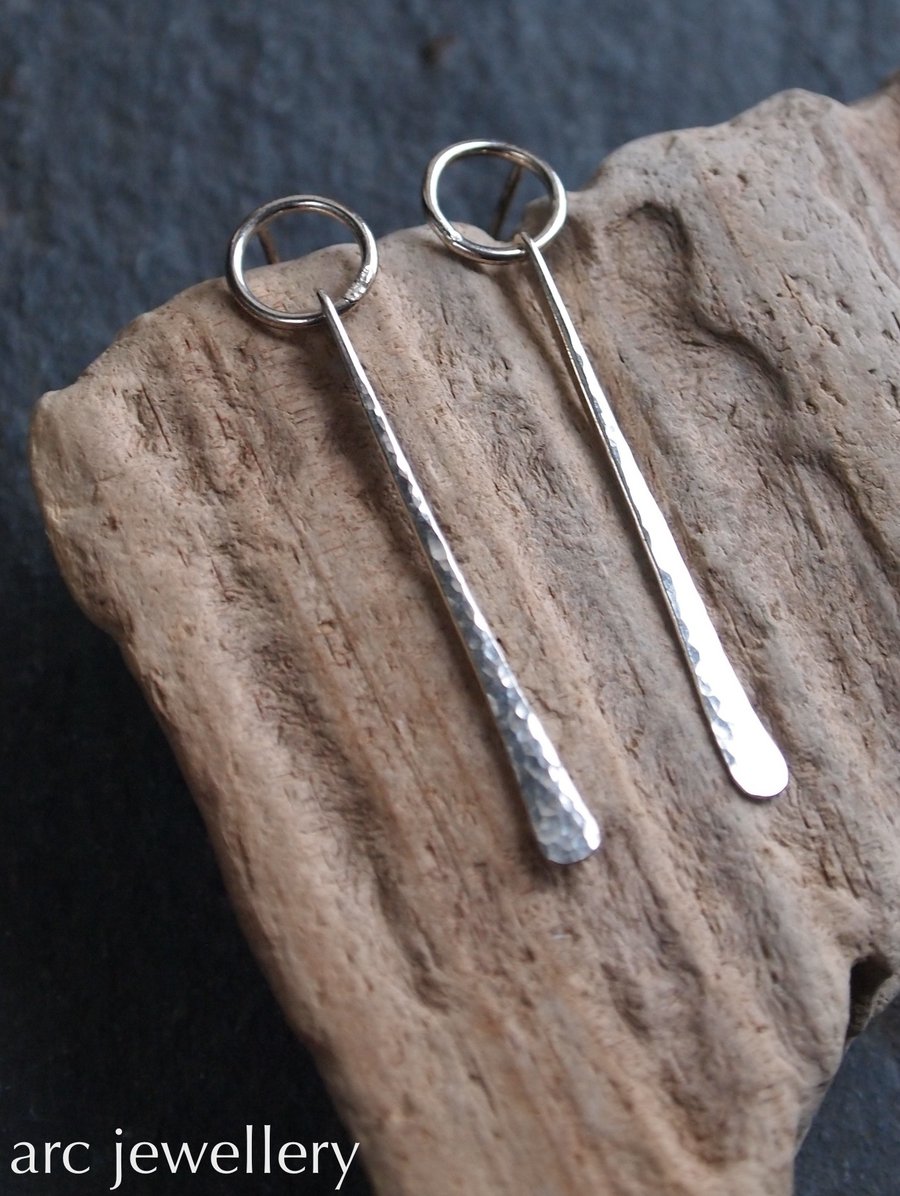 Sterling silver dangly stud earrings, forged & hammered