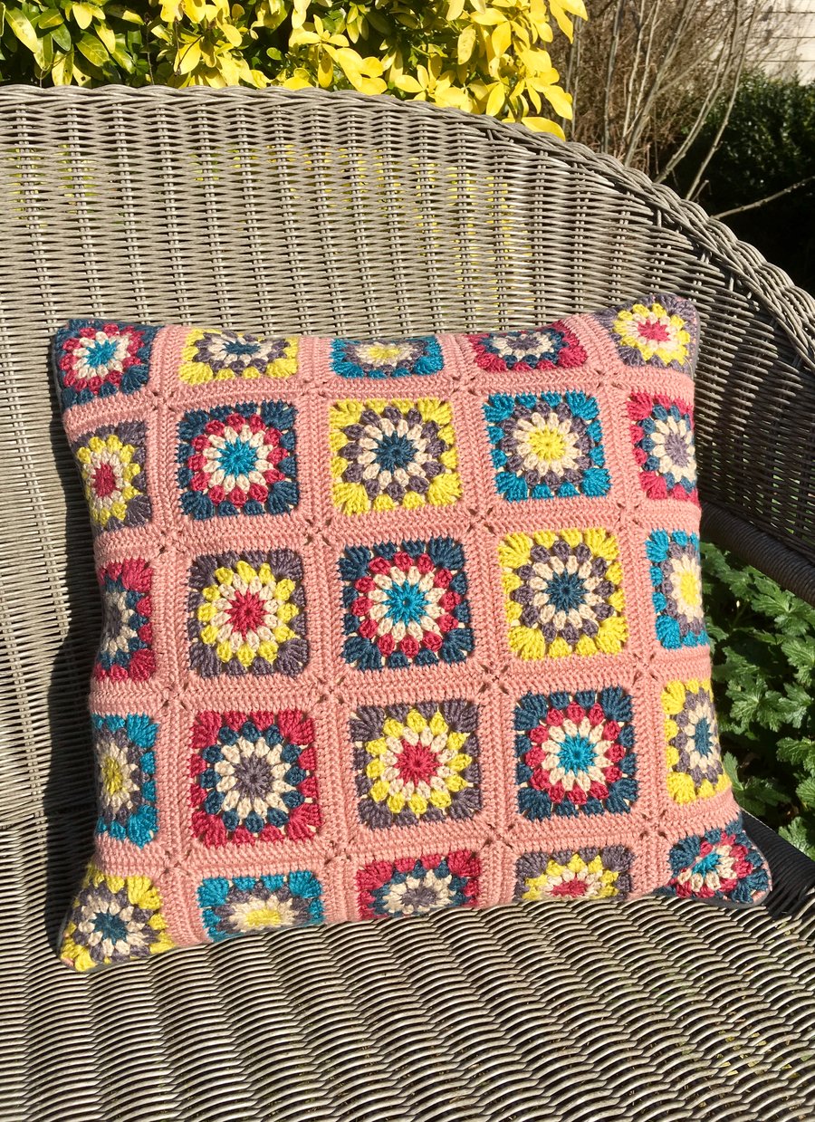 Crochet cushion in rich vintage shades. Free UK P & P. Large crochet pillow.